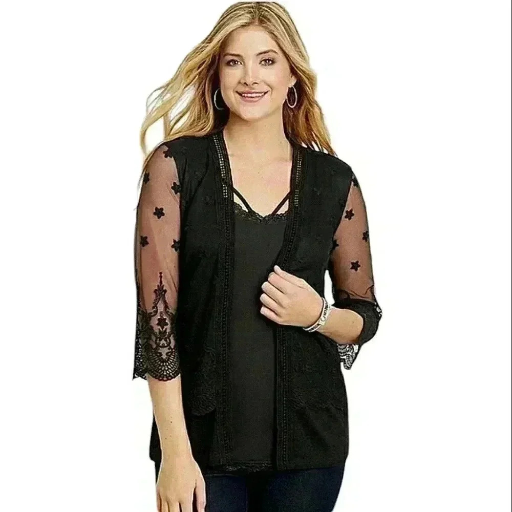 Maurices Cardigan Lightweight Black Embroidered Mesh Lace Quarter Sleeves NWT